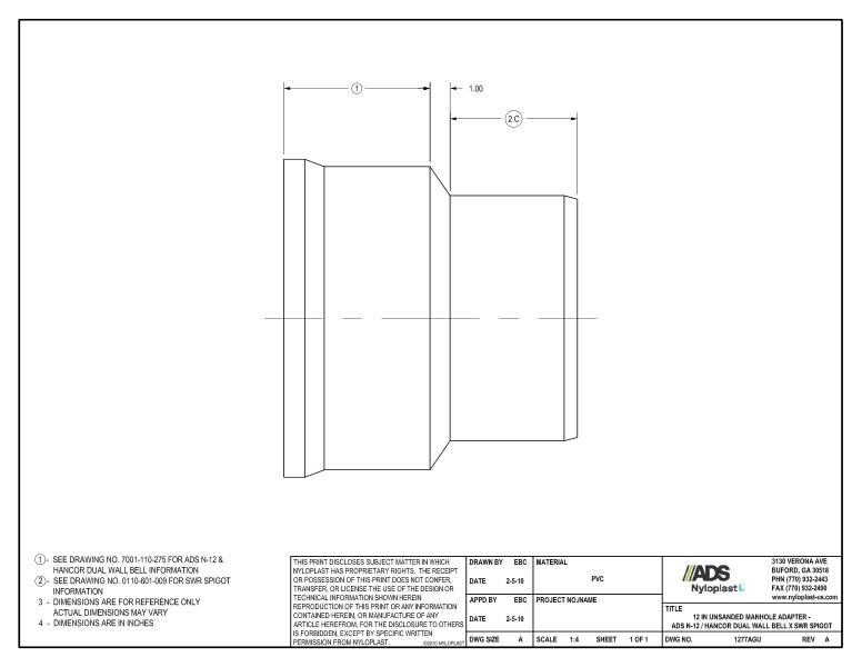 12" Unsanded Manhole Adapter - N-12 Dual Wall Bell x SWR Spigot Nyloplast Detail
