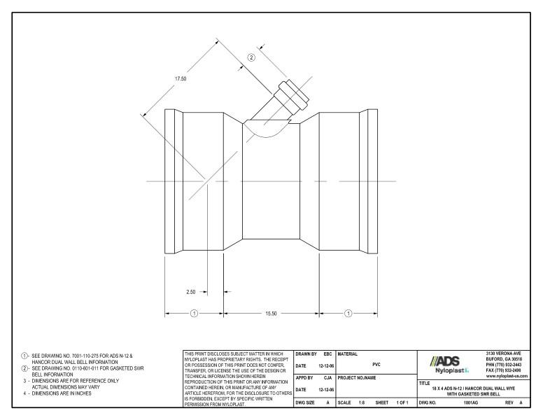 18 x 4 N-12 Dual Wall Wye with Gasketed SWR Bell Nyloplast Detail