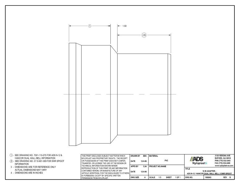 18" Adapter - N-12 Dual Wall Bell x SWR Spigot Nyloplast Detail