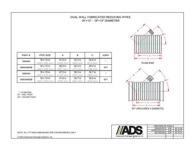 18" x 12" - 18" x 15" Fabricated Reducing Wyes (HDPE Dual Wall Fabricated Wyes Fittings)