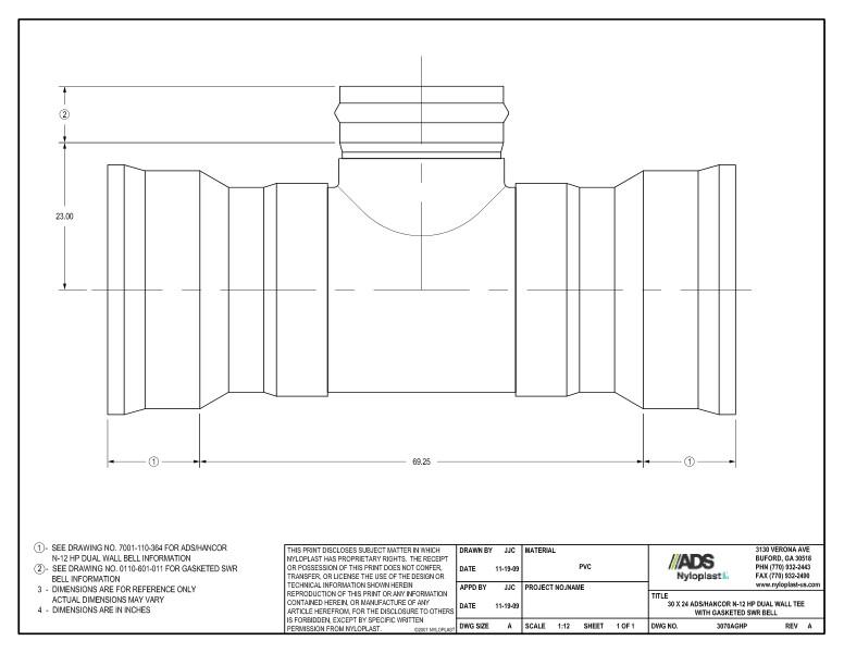 30 x 24 HP Tee with Gasketed SWR Bell Nyloplast Detail