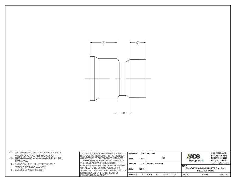 6" Adapter - N-12 Dual Wall Bell x SCH 40 Bell Nyloplast Detail
