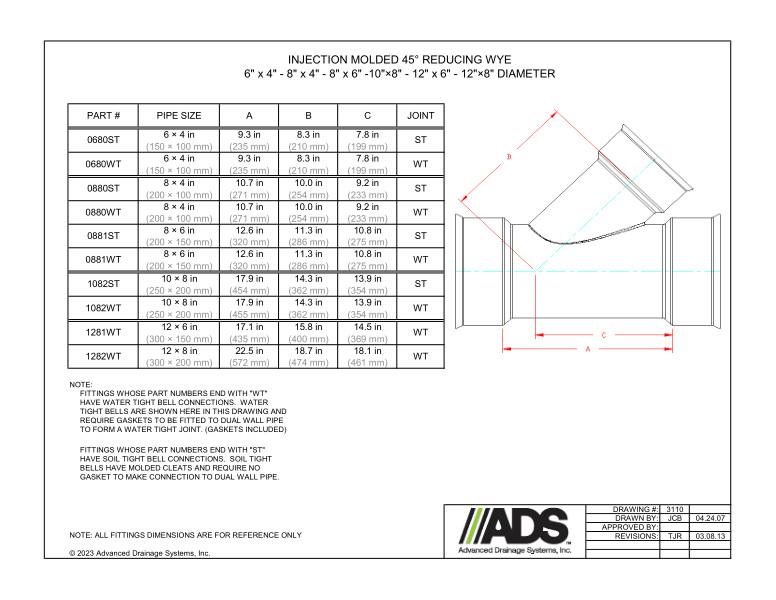 6" x 4" - 8" x 4" - 8" x 6" - 10" x 8" - 12" x 6" - 12" x 8" Injectiom Molded 45 Degree Reducing Wyes (HDPE Dual Wall Injection Molded Wyes Fittings)