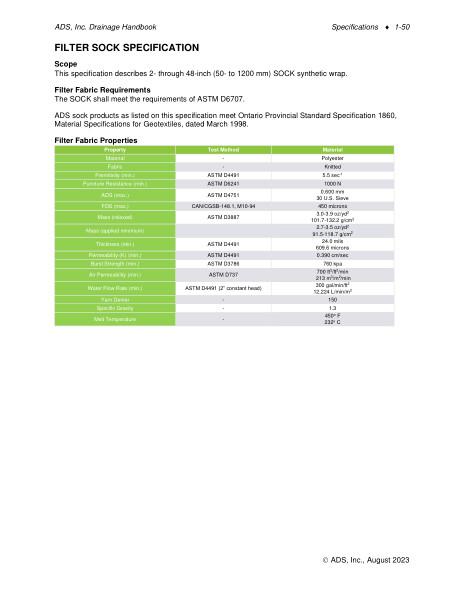 ADS Filter Sock Specification