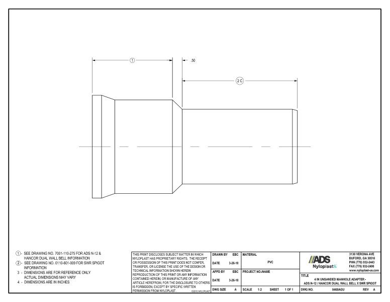 4" Unsanded Manhole Adapter - N-12 Dual Wall Bell x SWR Spigot Nyloplast Detail