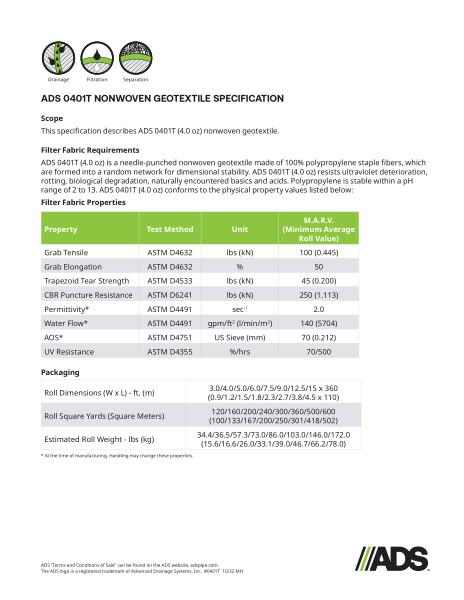 0401T Non-Woven Geosynthetic Specification