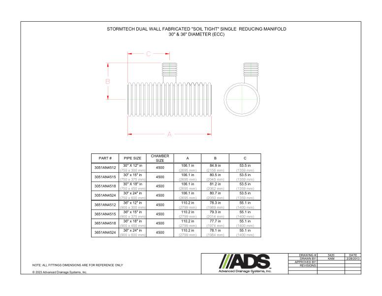 30" - 36" StormTech Dual Wall Fabricated Soil Tight Single Reducing Manifolds (StormTech Dual Wall HDPE Fittings)
