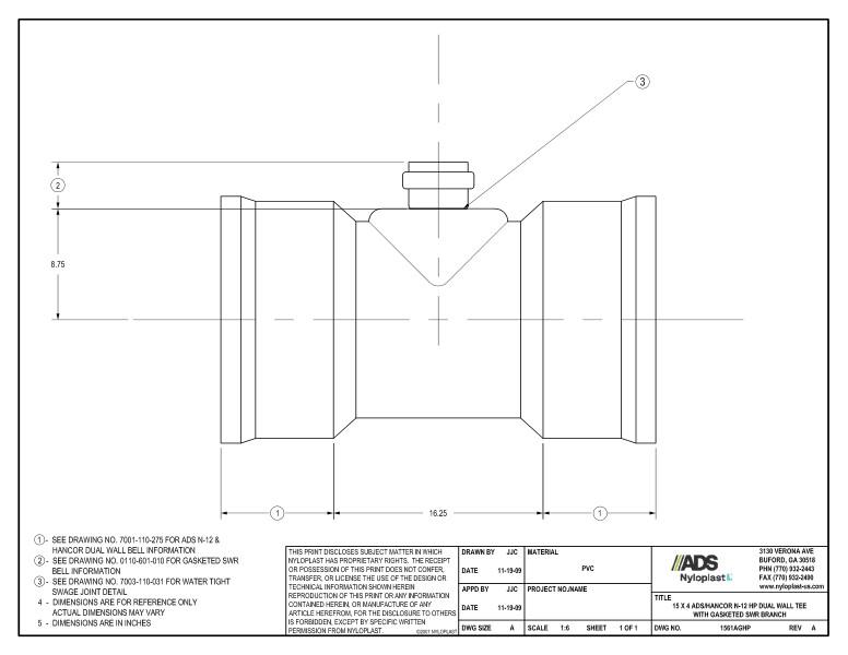 15 x 4 HP Tee with Gasketed SWR Bell Nyloplast Detail