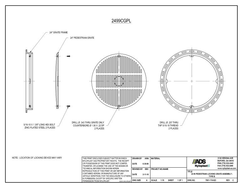 24" Pedestrian Locking Grate Assembly Nyloplast Detail