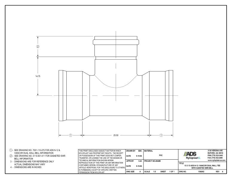 15 x 15 N-12 Dual Wall Tee with Gasketed SWR Bell Nyloplast Detail