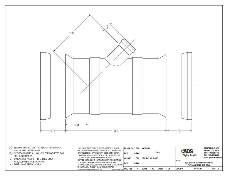 30 x 8 HP Wye with Gasketed SWR Bell Nyloplast Detail