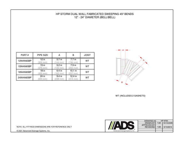 45º Sweeping Bends 12"-24" HP Storm - Bell/Bell (HP Storm Bends Fittings Manual)