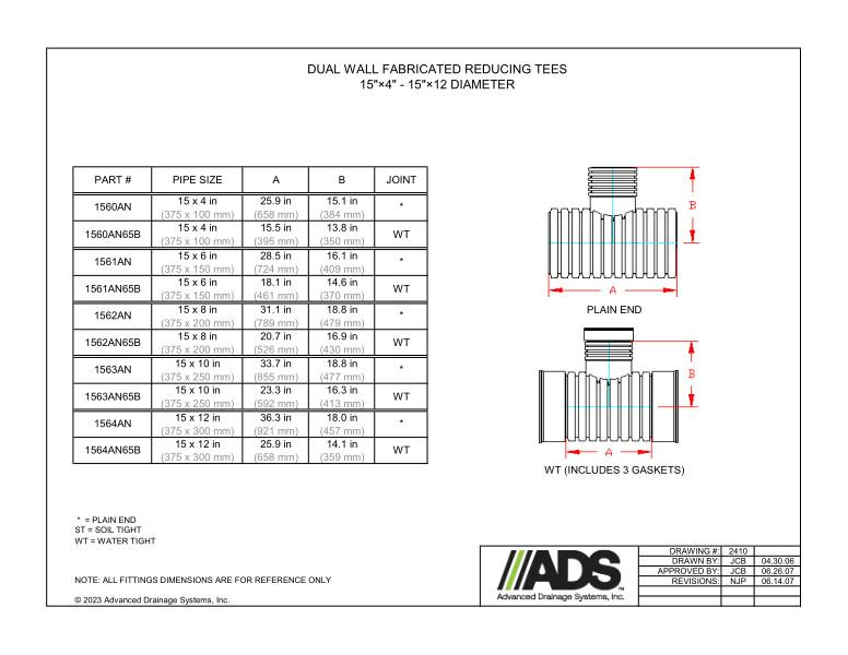 15" x 4" - 15" x 12" Fabricated Reducing Tees (HDPE Dual Wall Fabricated Tees Fittings)