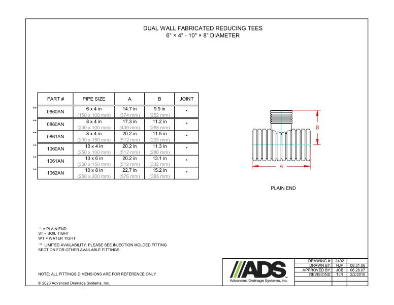 6" x 4" - 10" x 8" Fabricated Reducing Tees (HDPE Dual Wall Fabricated Tees Fittings)
