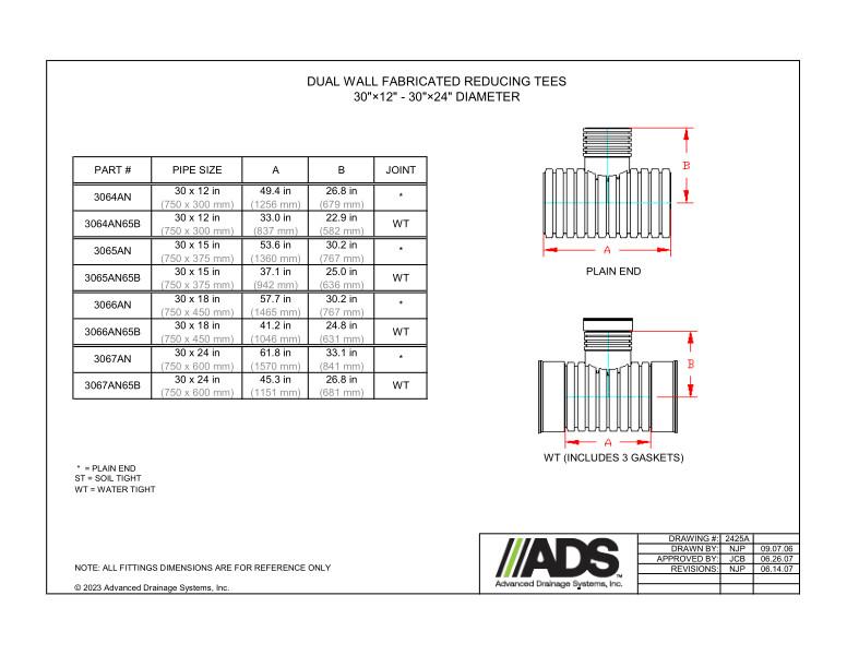 30" x 12" - 30" x 24" Fabricated Reducing Tees (HDPE Dual Wall Fabricated Tees Fittings)