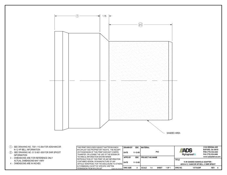 15" Sanded Manhole Adapter - HP Bell x SWR Spigot Nyloplast Detail