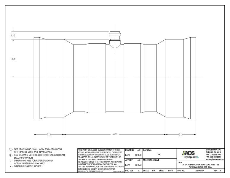 30 x 4 HP Tee with Gasketed SWR Bell Nyloplast Detail