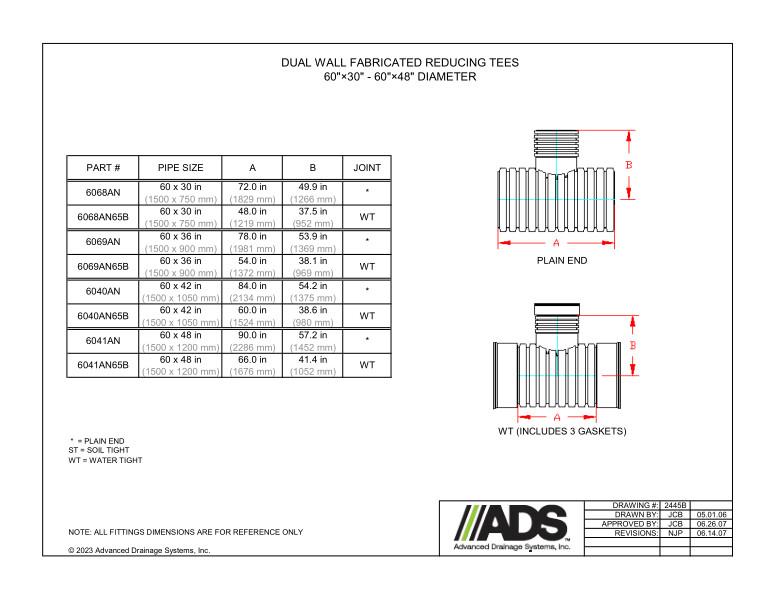 60" x 30" - 60" x 48" Diameter Dual Wall Fabicated Reducing Tees (HDPE Tees Fittings)