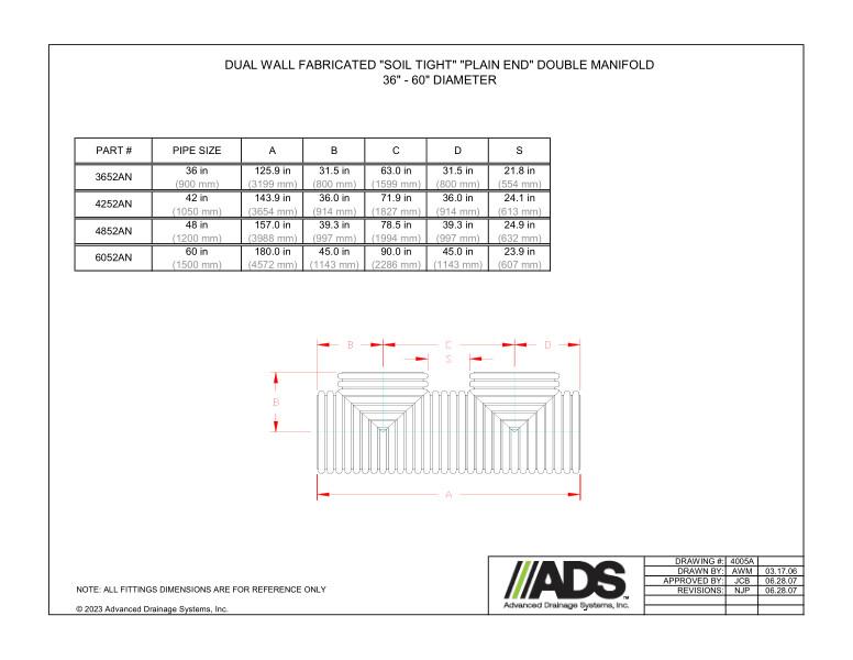 36" - 60" Fabricated Soil Tight Plain End Double Manifold (HDPE Dual Wall Fabricated Manifolds Fittings)