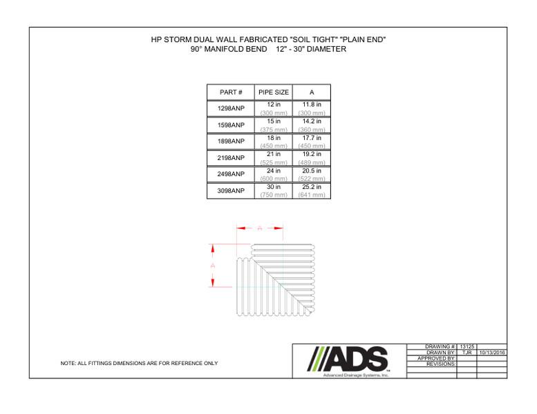 12"-30" ST Plain End 90° Manifold (HP Storm Manifolds Fittings Manual)