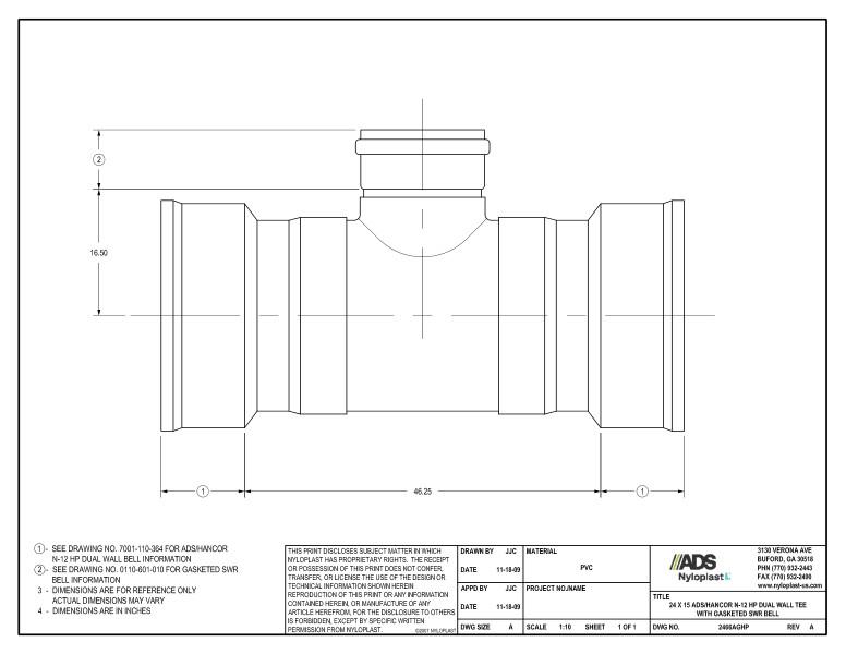 24 x 15 HP Tee with Gasketed SWR Bell Nyloplast Detail